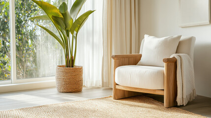 Cozy chair with natural decor, featuring plant and sunlight streaming