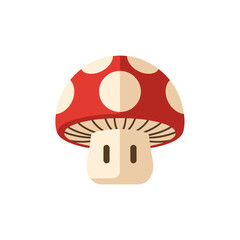 Flat design illustration of a red mushroom with white polka dots.