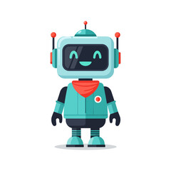 Fototapeta premium A friendly, smiling robot with a teal body and red accents, standing.