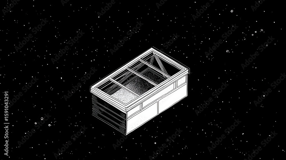 Aufkleber a box-shaped structure floats in a space background.