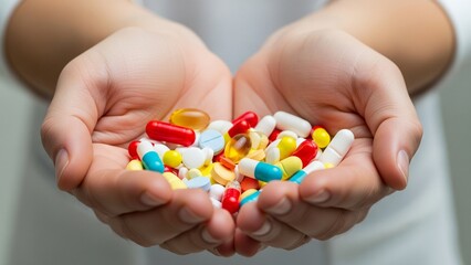 Close-up image of human hands cupped together holding a large assortment of colorful pills and capsules in various shapes and sizes.
