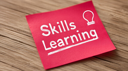 Skills learning written on red sticky note with white lightbulb icon over wood surface symbolizing knowledge improvement, creativity, education, development, and self-growth motivation concept
