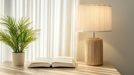 Cozy interior scene featuring stylish lamp, open book, and potted plant, creating warm