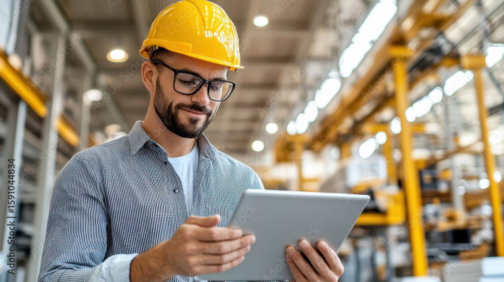 Poster efficient worker using tablet in warehouse for inventory management and analysis