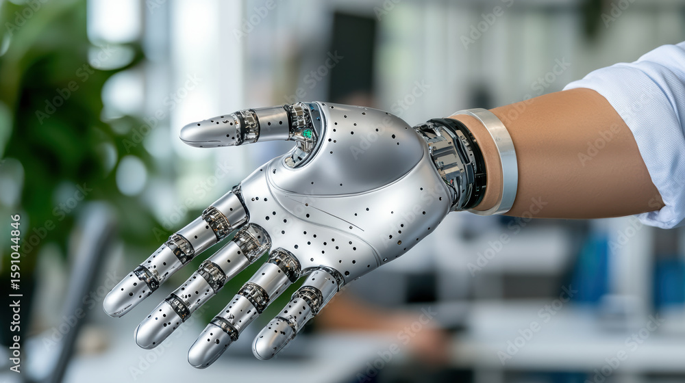 Poster robotic hand showcasing advanced technology and design in modern workspace