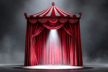 A vintage magic theater circus stage with red velvet curtains and a bright spotlight, evoking the wonder and mystery of old-time performances.