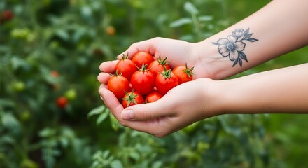 Hands Holding Freshly Harvested Cherry Tomatoes in Garden