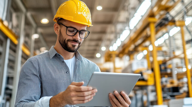 Efficient worker using tablet in warehouse for inventory management and analysis - Powered by Adobe