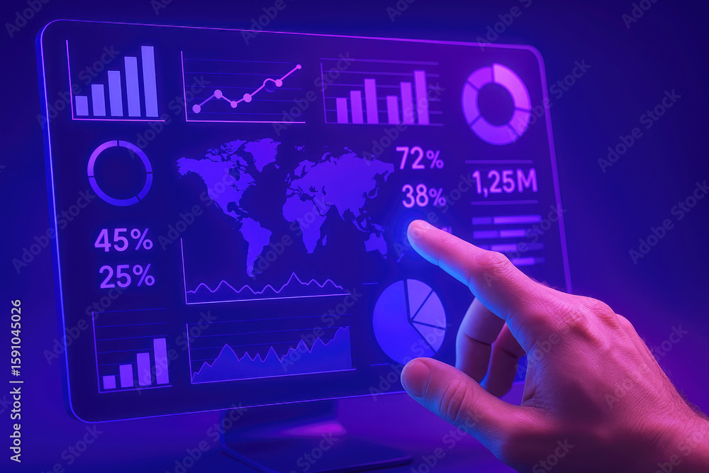 Poster hand interacting with glowing digital analytics display digital display charts