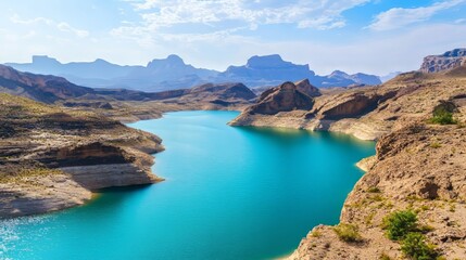 Obraz premium Scenic view of a lake with turquoise water surrounded by mountains