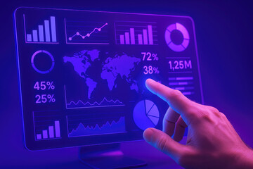 Hand interacting with glowing digital analytics display digital display charts