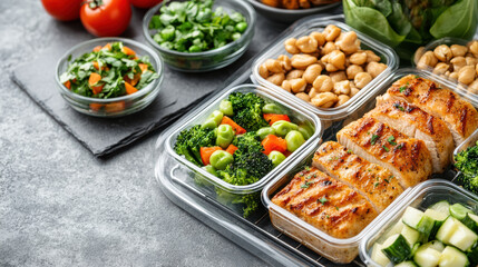 Healthy meal prep containers filled with grilled chicken, vegetables, and fresh greens