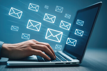Obraz premium Hand typing on laptop with glowing email icons computer technology