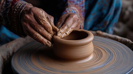Skilled hands shape a clay pot on a potter's wheel.