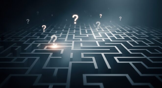 A complex maze with glowing question marks in the darkness