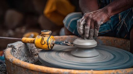 Close-up view of a person shaping clay on a potter's wheel.