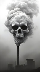 Skull emerging from a factory chimney billowing smoke, symbolizing pollution.