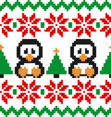 Christmas holiday seamless knit pixel pattern with penguins trees and snowflakes