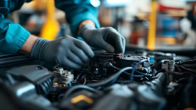 Mechanic repairing car engine.
