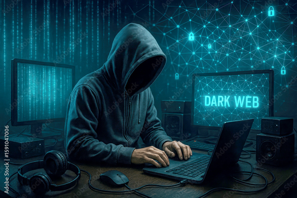 Poster hooded figure typing on laptop surrounded by digital matrix and glowing screens hacker