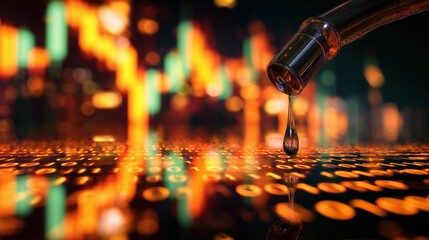 Fuel Pump Nozzle Dripping Oil on Binary Code Surface – Blurred Stock Market Candlestick Chart in Background