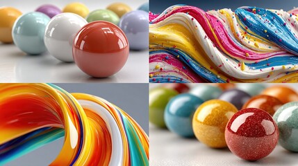 A vibrant digital art collage featuring glossy spheres and swirling, multicolored paint-like textures, showcasing diverse colors and reflective surfaces