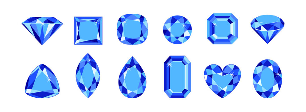 Dark blue sapphire gemstones of different shapes isolated on white background. Precious gems set. Vector cartoon flat illustration of  crystals.