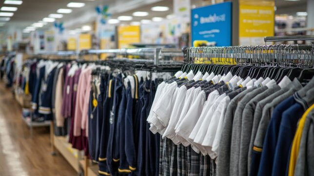 Neatly arranged children's school uniforms in various colors hanging on a rack. Discounts on School Uniforms, concept of fashion and education wear