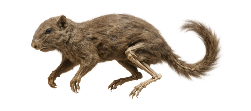 Mummified ancient squirrel specimen with preserved fur and skeletal structure