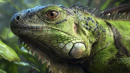 Fototapeta premium Vivid close-up capturing the intricate details and vibrant colors of a majestic green iguana basking in its natural habitat seamlessly.