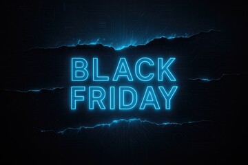 Neon blue black friday text on dark tech background lettering