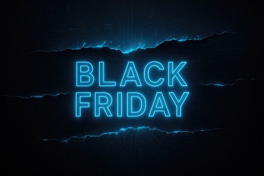 Neon blue black friday text on dark tech background lettering
