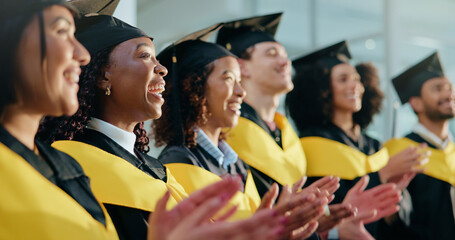 Woman, applause and graduation with group at college for achievement, goal or event for education....
