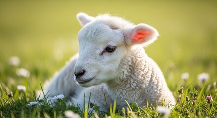Obraz premium A cute white lamb rests peacefully in a sunlit green meadow with small white flowers.