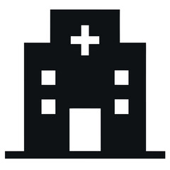 Obraz premium Simple Black and White Hospital Building Icon with Cross on Top
