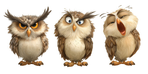 Fototapeta premium Three cartoon owls with different expressions