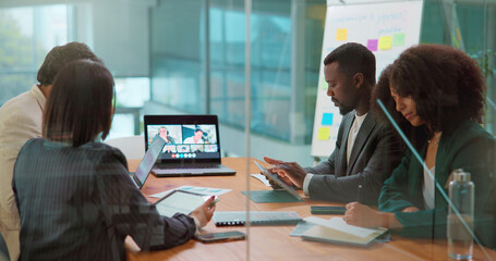 Laptop screen, video call and workshop with business people in office boardroom for webinar....