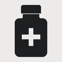 Black and White Pill Bottle Icon with Medical Cross Symbol