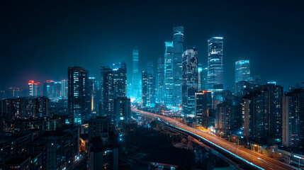 Obraz premium Aerial view of a brightly illuminated city skyline at night with many tall buildings