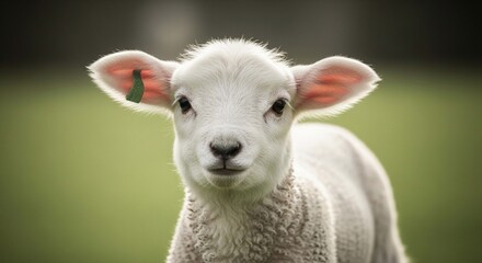 Fototapeta premium Close-up portrait of a fluffy white lamb with large ears, looking directly at the camera against a blurred green background.