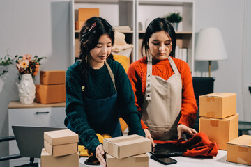 Portrait of Starting small businesses SME owners, two Asian woman check online orders Selling...
