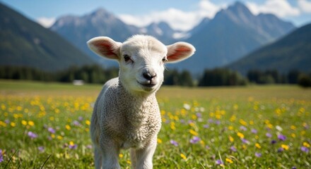 Fototapeta premium Fluffy lamb in a meadow, mountains in the background.