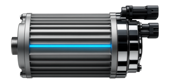 Water-cooled traction motor with visible cooling jacket and connectors