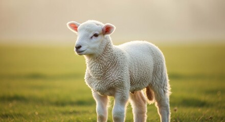 Obraz premium A young, fluffy lamb stands in a sunlit field, bathed in soft, warm light.