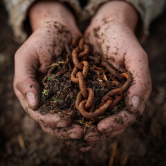 Hands holding soil with rusty chain, symbolizing connection to earth and history. image evokes feelings of resilience