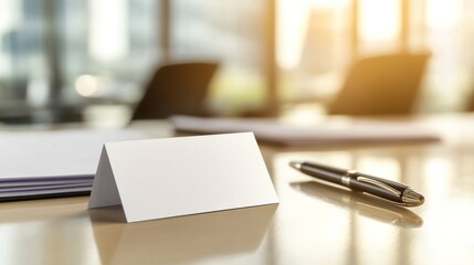 Blank Tent Card and Pen on a Table in a Modern Office