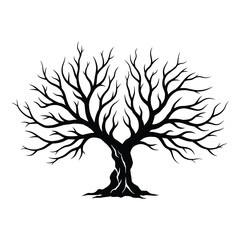 A bare tree silhouette stands starkly against a white background, its branches reaching skyward in a display of natural beauty isolated on white background