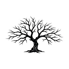 A solitary tree with bare branches is silhouetted against a plain white background, creating a minimalist and evocative image isolated on white background