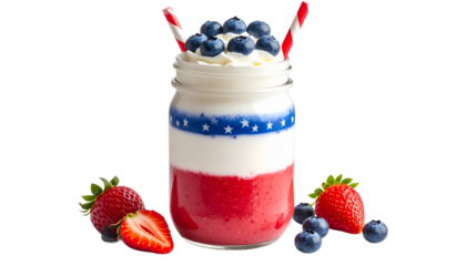Patriotic milkshake with red, white, and blue layers in a glass jar, garnished with fruit and a straw.