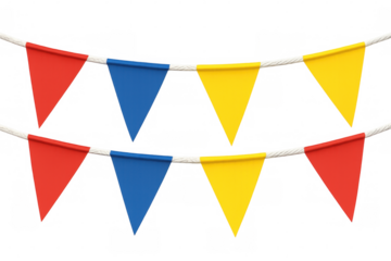 Colorful triangular bunting strung across rope, creating vibrant party decor with transparent background, ideal for festive event design and celebration graphics